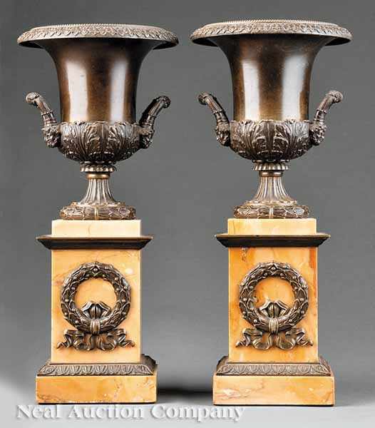 Appraisal: A Pair of French Patinated Bronze and Sienna Marble Urns