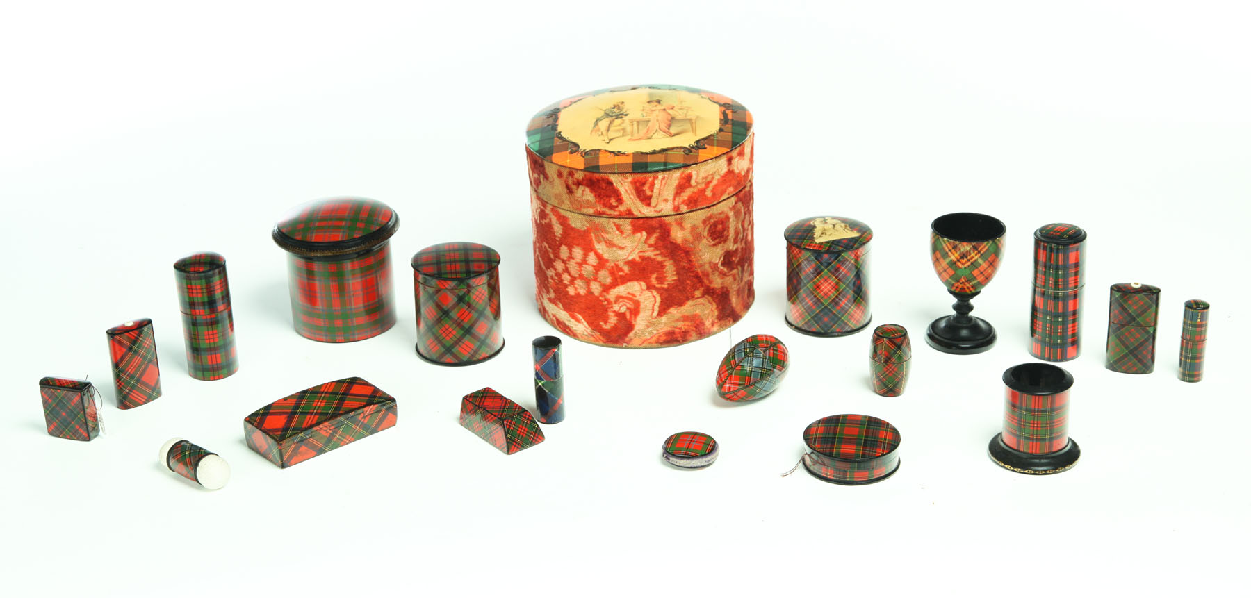 Appraisal: GROUP OF TARTAN-WARE England nd half- th century Wooden boxes