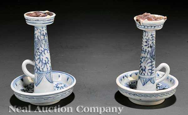 Appraisal: A Pair of Chinese Blue and White Porcelain Candlestands handled