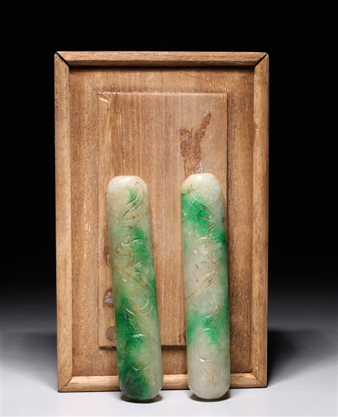 Appraisal: Pair Chinese jadeite scroll weights each with bat and peach