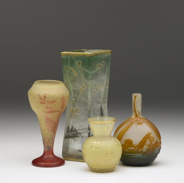 Appraisal: DAUM GALLE Four glass vases Daum etched and enameled four