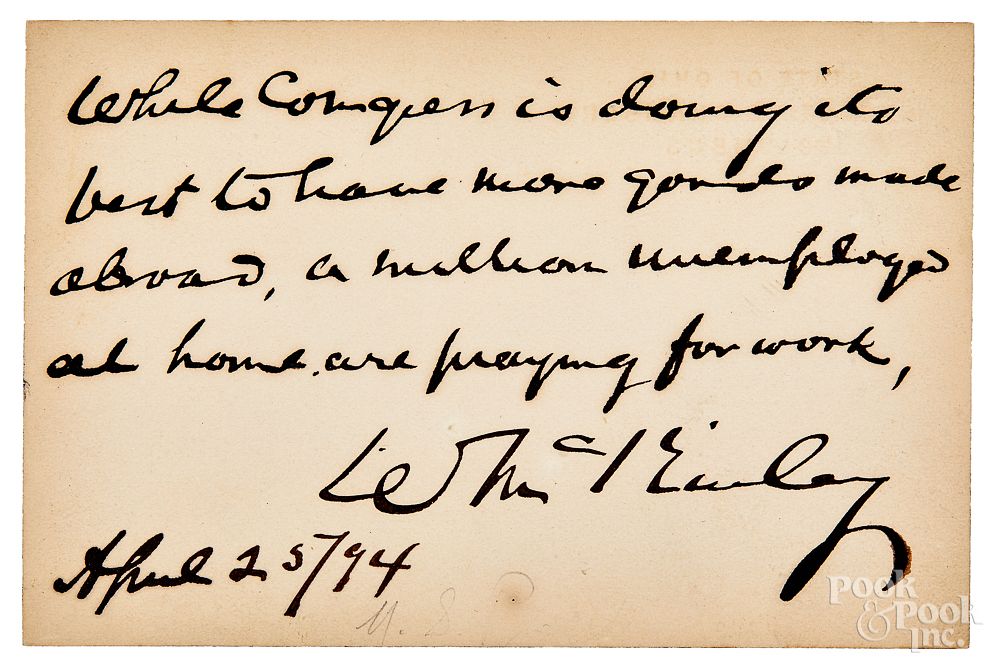 Appraisal: William McKinley signed handwritten note card William McKinley signed handwritten