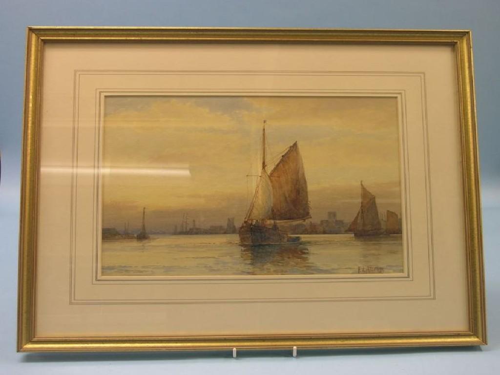 Appraisal: F J Aldridge - - watercolour harbour view with boats