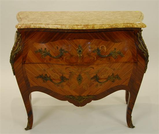 Appraisal: LOUIS XV TULIPWOOD AND KINGWOOD MARQUETRY INLAID MARBLE TOP ORMOLU