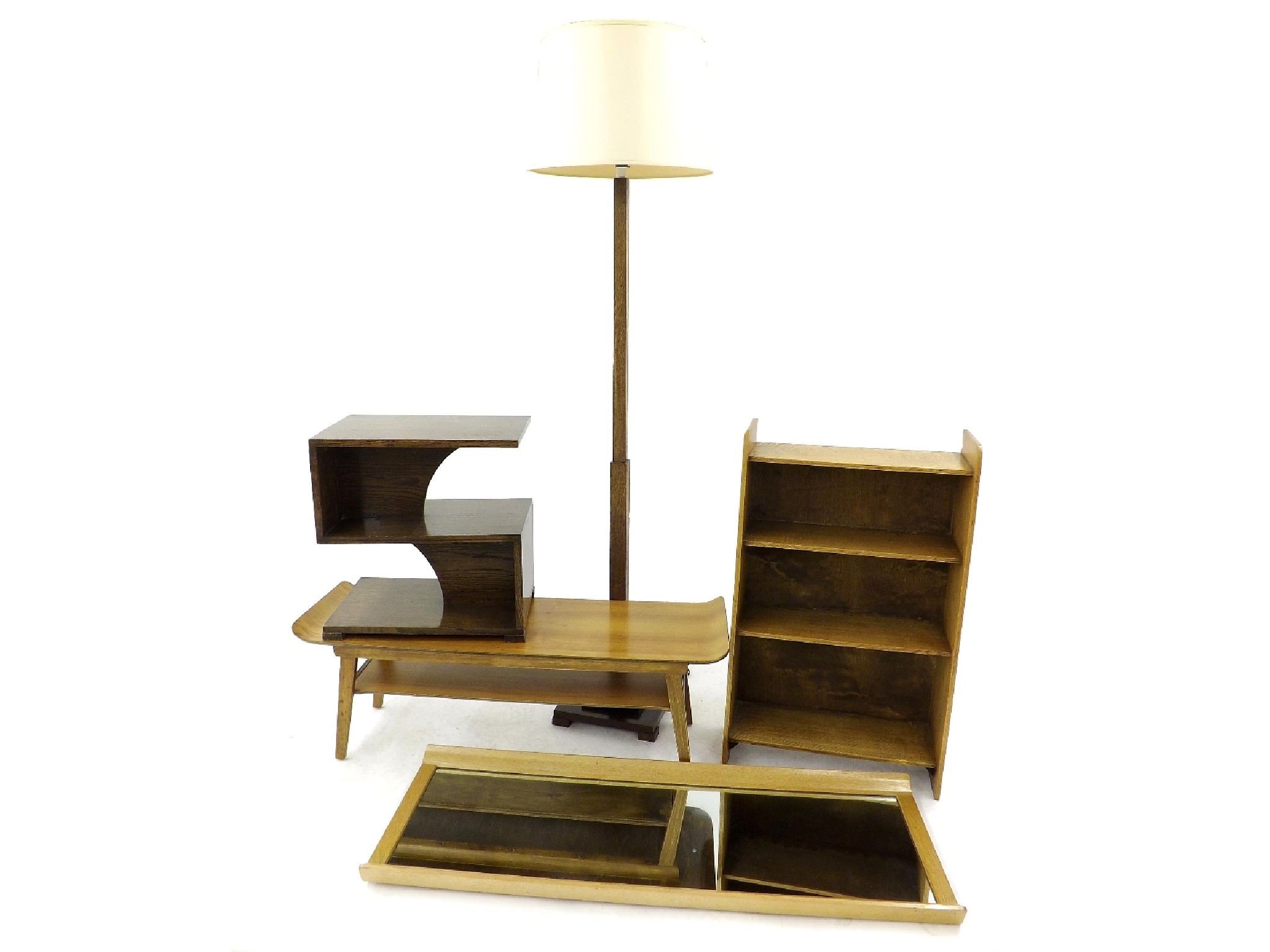 Appraisal: s oak standard lamp bookcase and S-shaped table together with