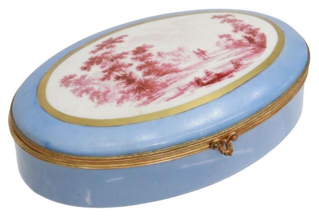 Appraisal: French Sevres style blue porcelain oval box hand-painted lid depicting