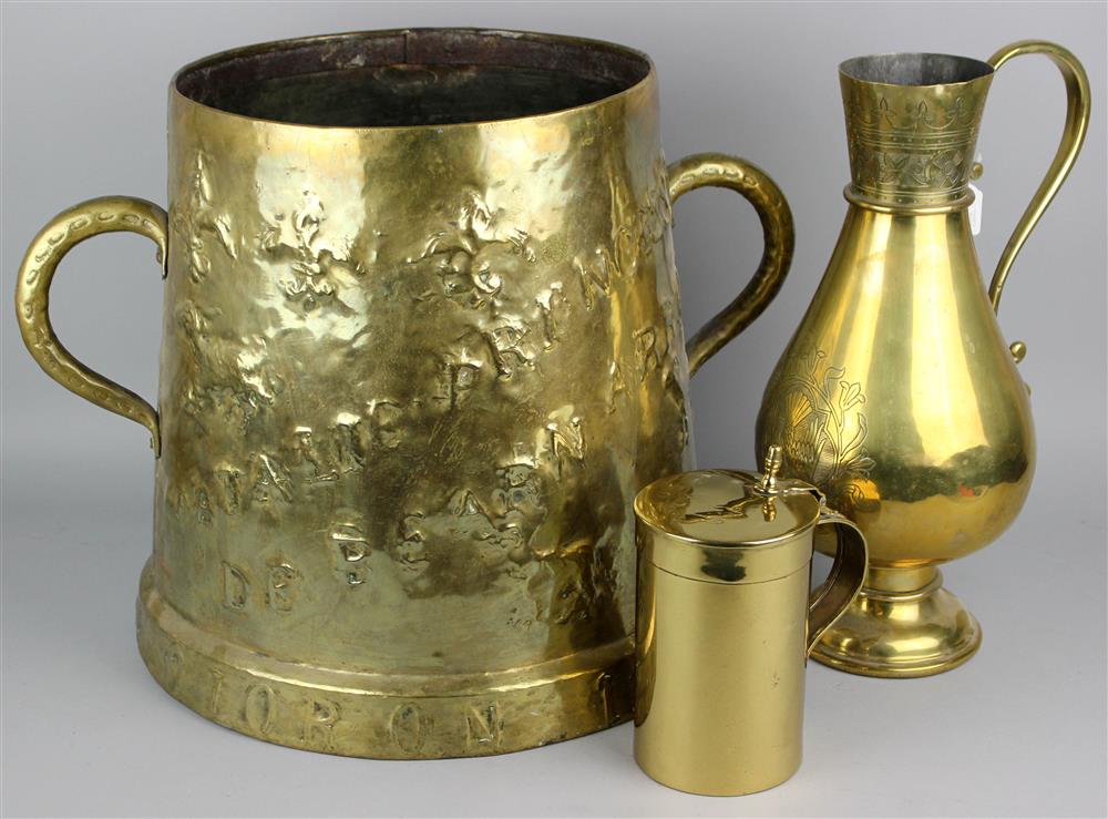 Appraisal: BRASS COLLECTION ENGLISH STEIN RUSSIAN ORTHODOX CHURCH WINE JUG AND