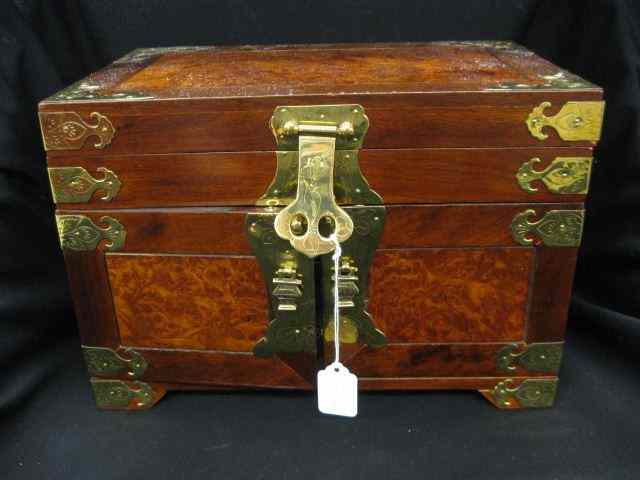 Appraisal: Oriental Wooden Jewelry Chest lift top triple drawer ornate brass