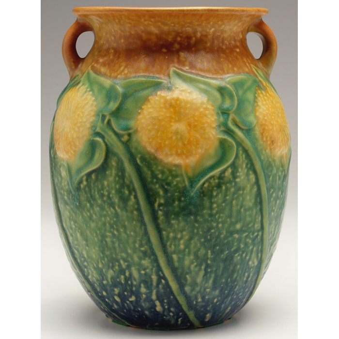 Appraisal: Nice Roseville Sunflower vase double handled shape in brown and