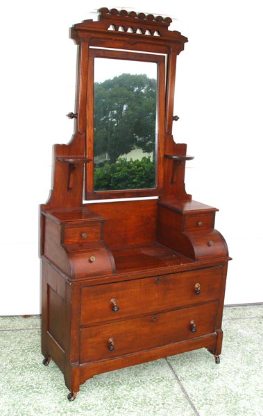 Appraisal: EASTLAKE VICTORIAN DROPFRONT DRESSER WITH MIRROR Walnut mixed woods unusual