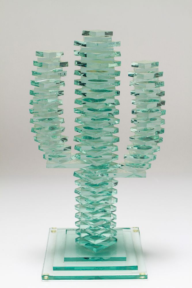 Appraisal: Modern Southwestern Stacked Glass Cactus Sculpture Modern Southwestern stacked glass