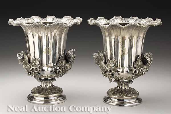 Appraisal: A Pair of Fine Antique Sheffield Plate Wine Coolers mid-