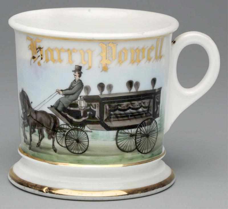 Appraisal: Horse-Drawn Hearse Shaving Mug Gilt name Harry Powellin Stamped CFH