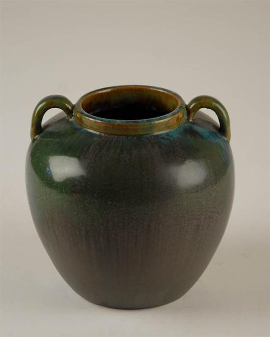 Appraisal: Fulper -Handled Green to Grey Glaze Pottery Jug H