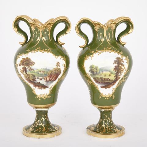 Appraisal: Pair of English Porcelain Green-Ground Mantel Vases c minor repair