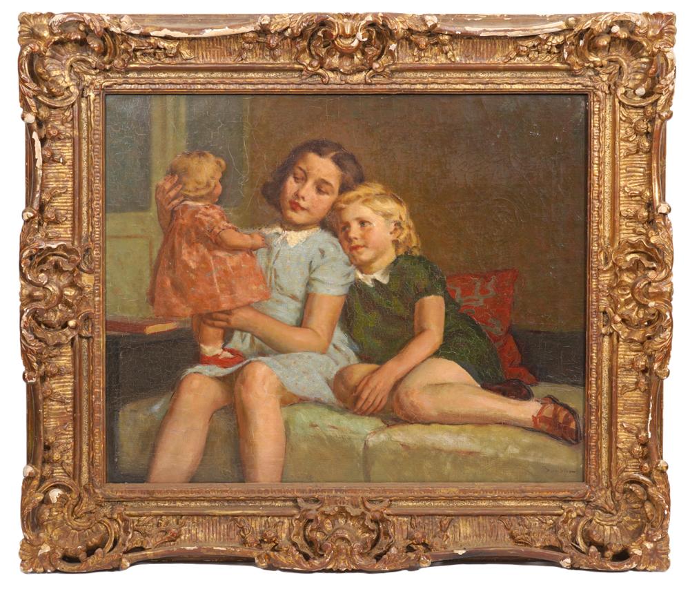 Appraisal: SIGNED BARBIER OIL PAINTING 'GIRLS AND THEIR DOLL'Continental oil on