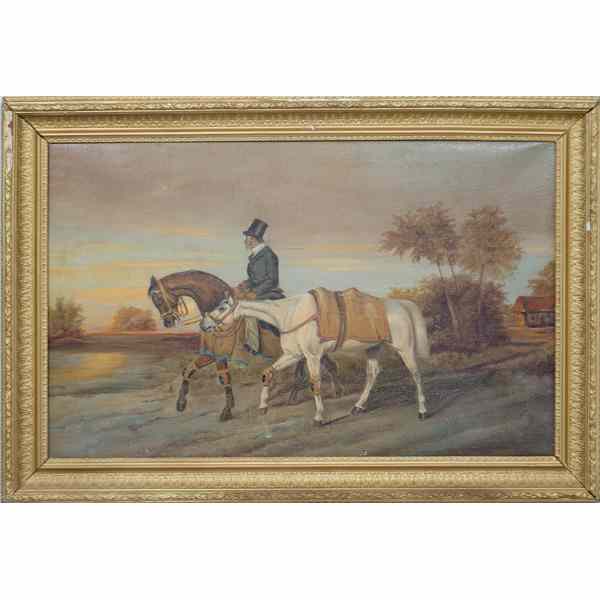 Appraisal: Equestrian Scene - Print Chromolithograph transfer on canvas x in