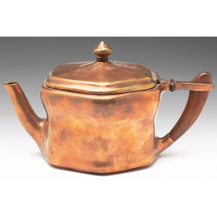 Appraisal: Tiffany Studios teapot unusual copper-plated form with wooden accents signed