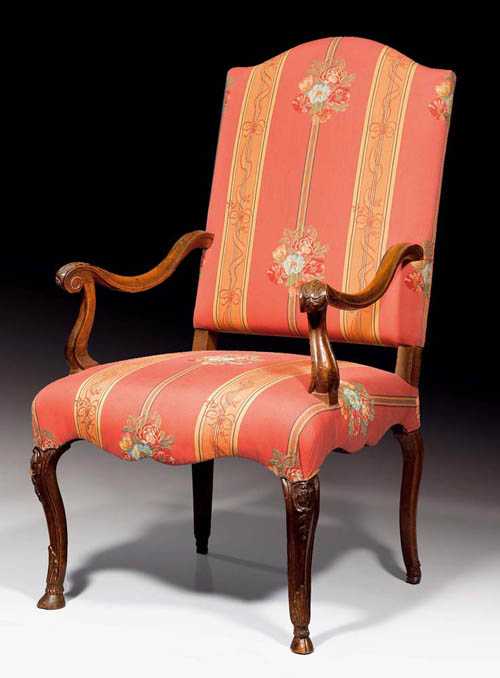 Appraisal: WALNUT ARMCHAIR Louis XV German circa Carved with hoof feet