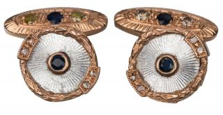 Appraisal: A PAIR OF GEM-SET GOLD AND GUILLOCHE ENAMEL CUFFLINKS MOSCOW