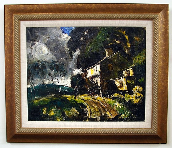 Appraisal: Landscape house and figure under stormy skies oil on canvas