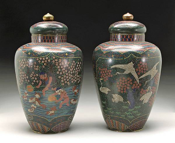 Appraisal: A pair of cloisonn enameled metal covered jars Meiji Period