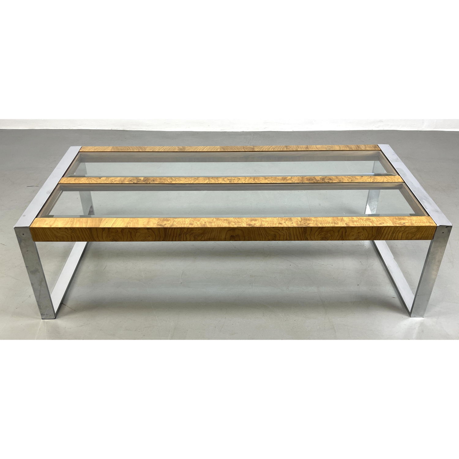 Appraisal: s Modern Chrome and Burl Coffee Table Dimensions H inches