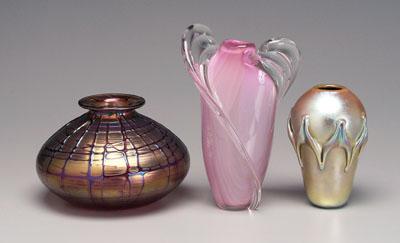 Appraisal: Three pieces modern art glass iridescent pink vase bold swirled