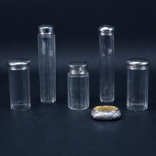 Appraisal: Five Antique Glass Vanity Bottles with Sterling Silver Lids Plus