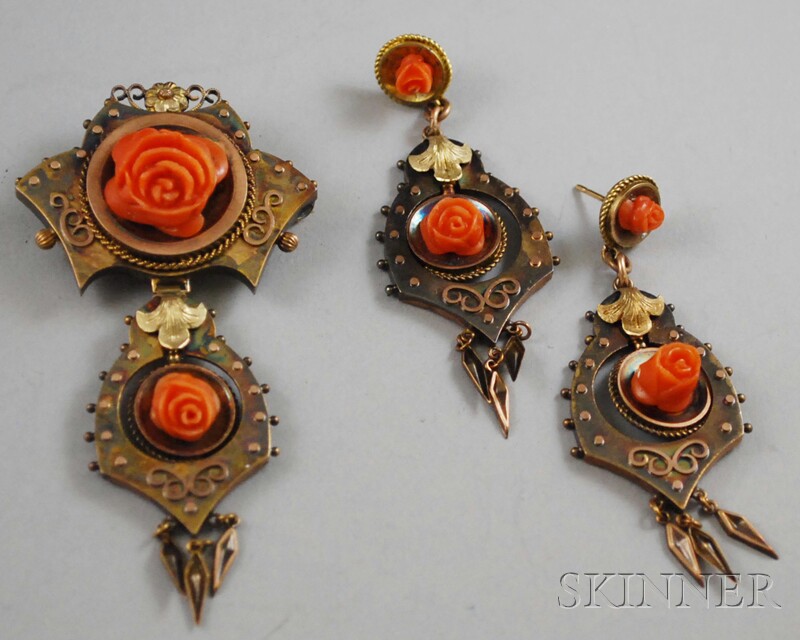 Appraisal: Antique Granulated kt Gold and Carved Coral Demi-parure the pendant