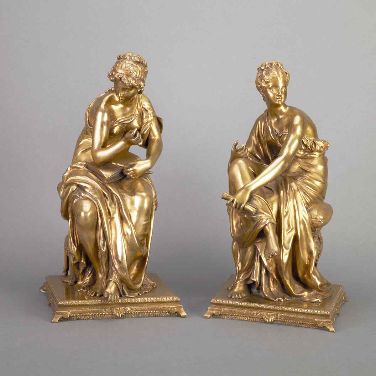 Appraisal: Pair of French Bronze Figures of Seated Classical Muses early-mid