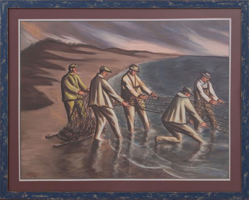 Appraisal: JAMES MICHAEL NEWELL - FISHERMEN Acrylic on brown paper unsigned