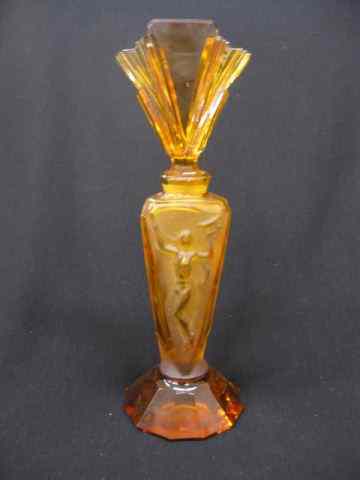 Appraisal: Czechoslovakia Cut Crystal Perfume Bottle amber triangular frosted body with