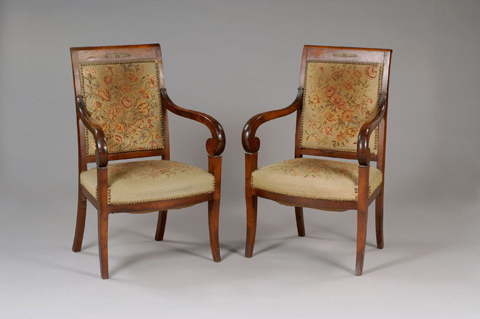 Appraisal: PAIR OF CLASSICAL MAHOGANY ARMCHAIRS WITH GILT-METAL MOUNTS POSSIBLY NEW