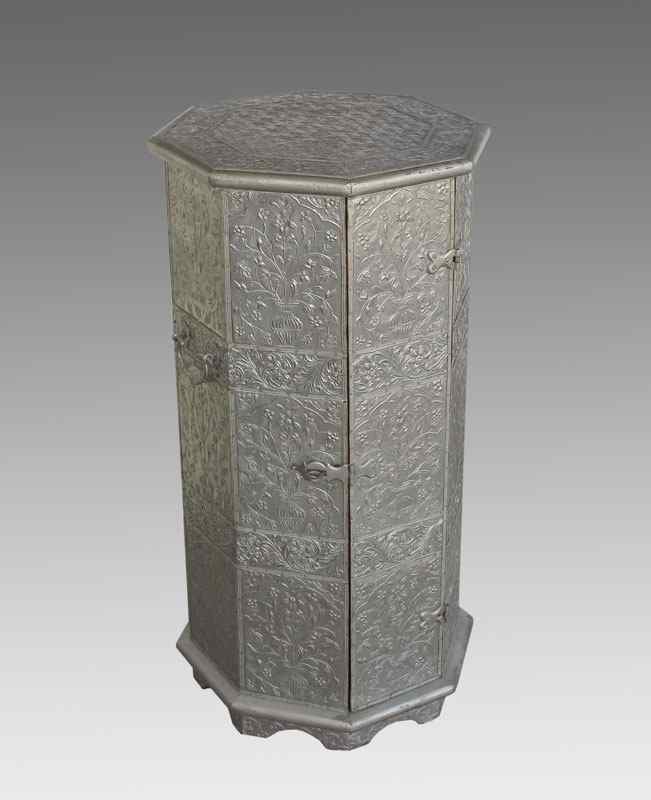 Appraisal: DECORATIVE OCTAGONAL METAL CLADDED STAND Shelved interior ''h x ''