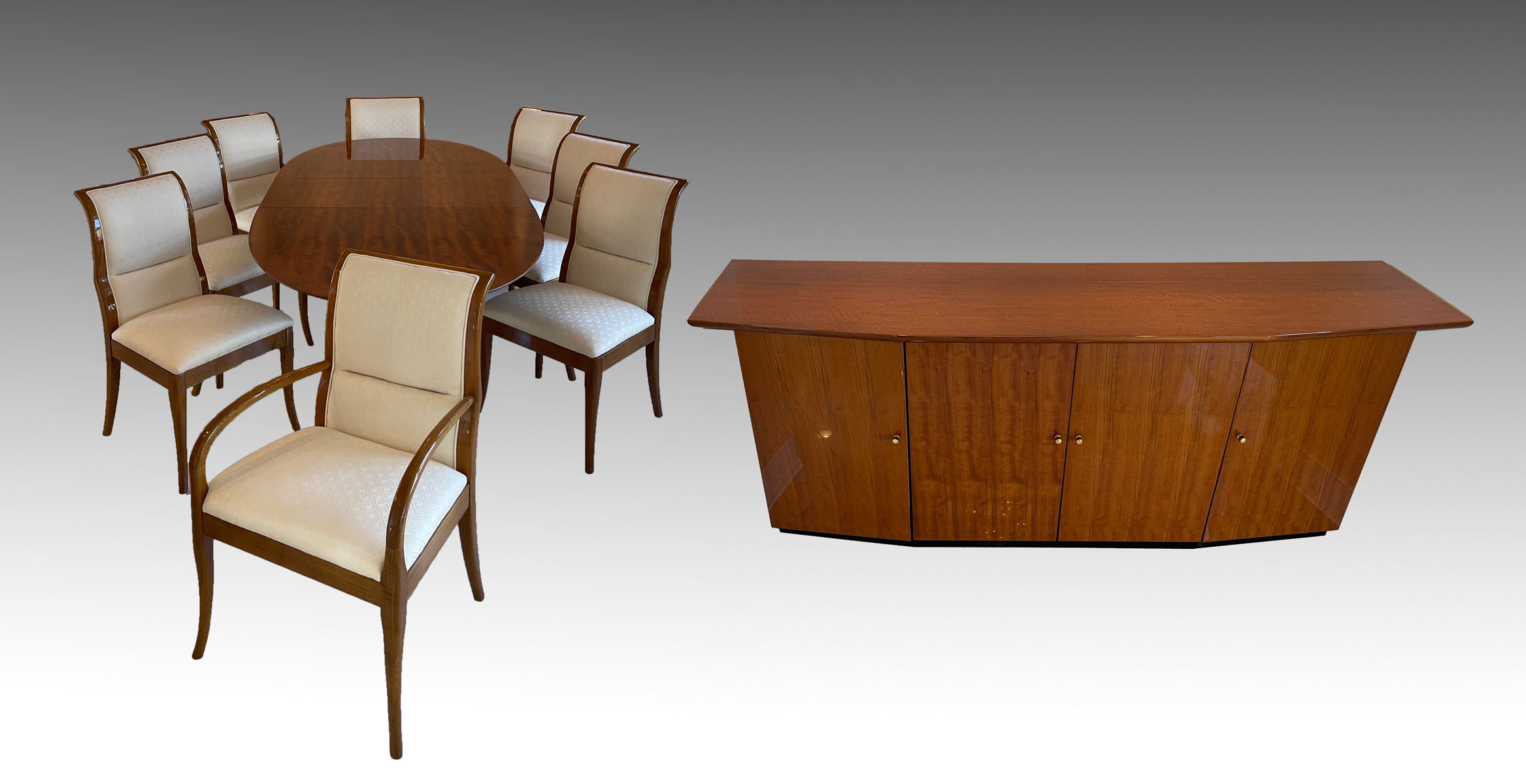 Appraisal: HENREDON DINING TABLE CHAIRS SIDEBOARD Comprising - Beautifully grained table