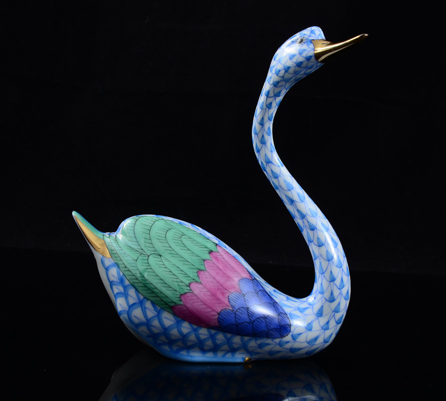 Appraisal: HEREND PORCELAIN SWAN FIGURINE Polychrome hand painted base with blue