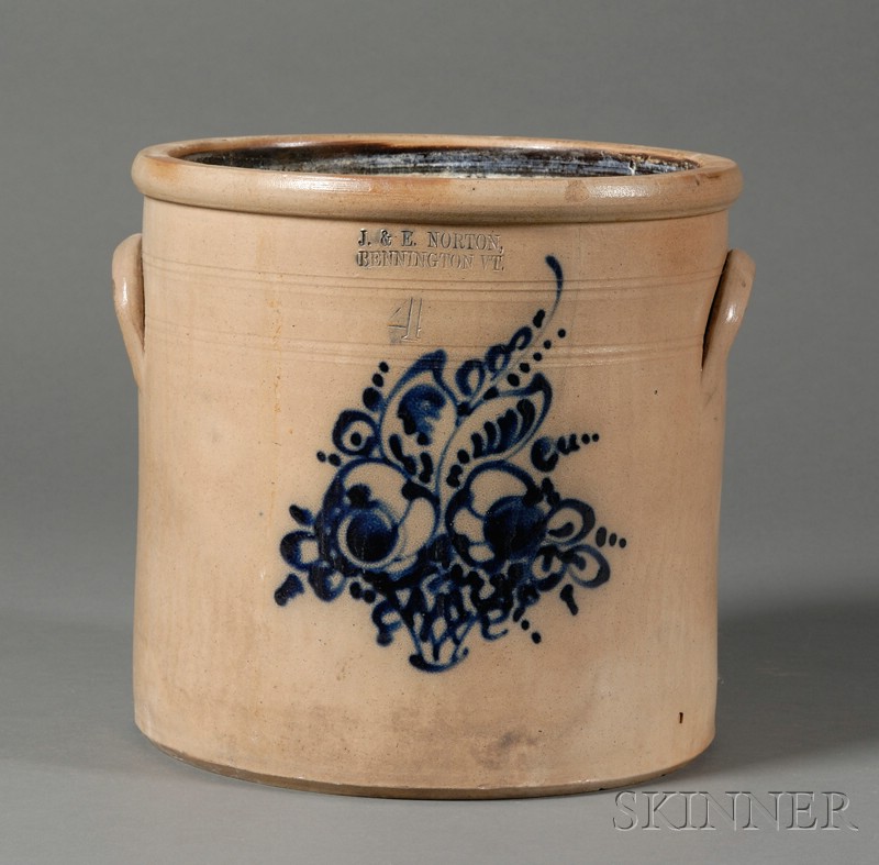 Appraisal: Cobalt Floral Decorated Stoneware Crock J E Norton Bennington Vermont