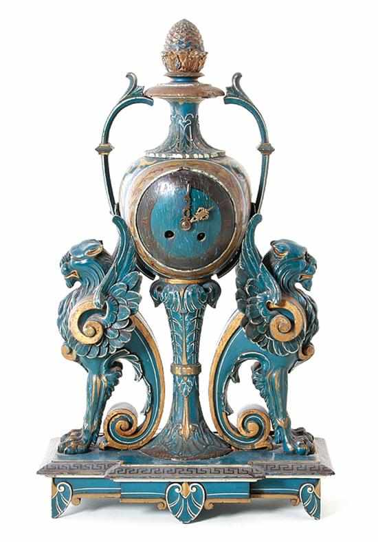 Appraisal: Continental parcel-gilt and polychrome painted carved wood mantel clock late