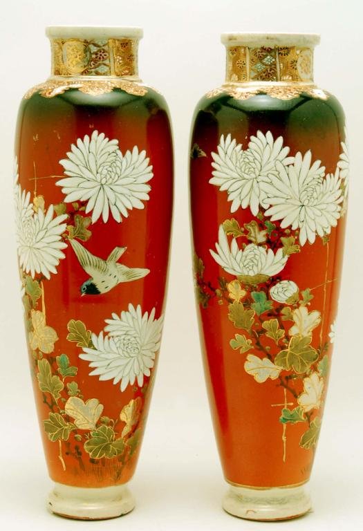 Appraisal: A pair of Satsuma ceramic vases Elongated baluster form decorated