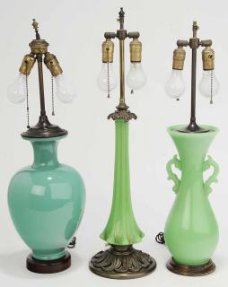 Appraisal: Group of Three Table Lamps green glass lamp in loose