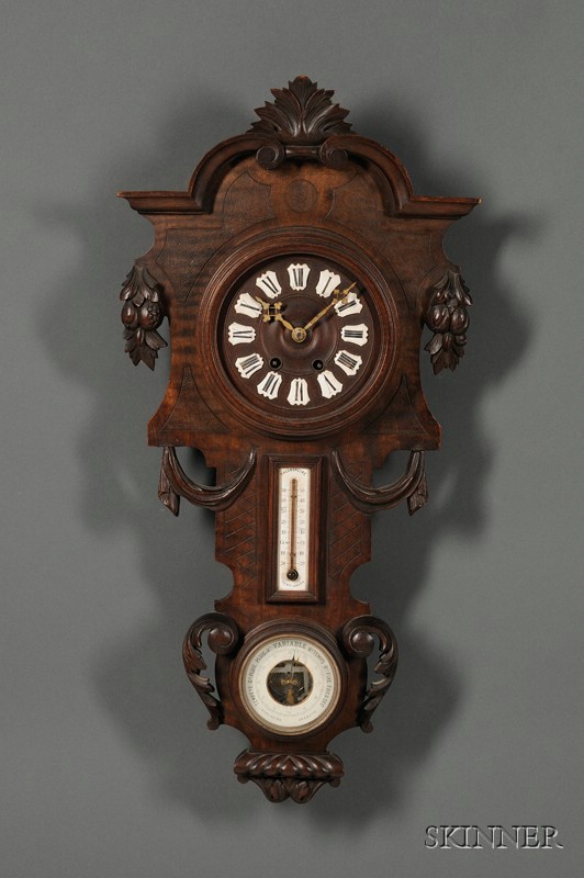 Appraisal: French Carved Walnut Wall Clock and Barometer late th century