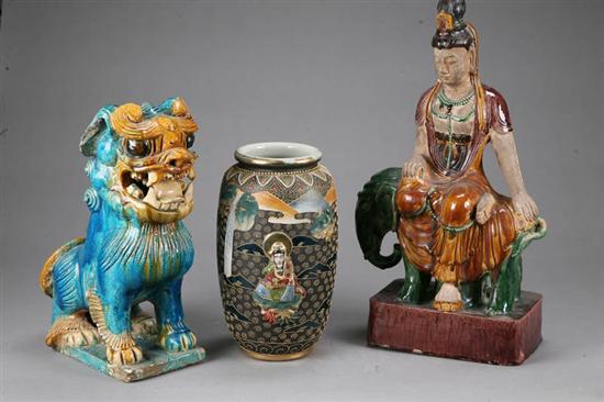 Appraisal: THREE ASIAN POTTERY PIECES Satsuma vase with raised figures h