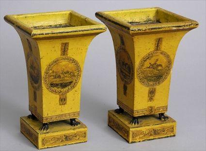 Appraisal: PAIR OF FRENCH MUSTARD-GROUND TOLE PEINTE MANTLE VASES Of angular