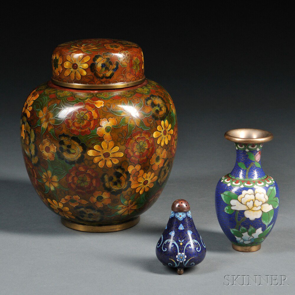 Appraisal: Three Cloisonne Objects China a pear-shape salt shaker ht a