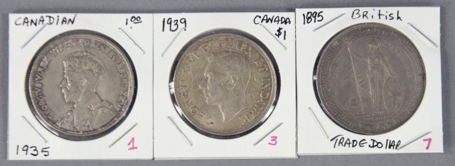 Appraisal: Three Foreign Silver CoinsIncluding British Trade Dollar XF Canadian Dollar