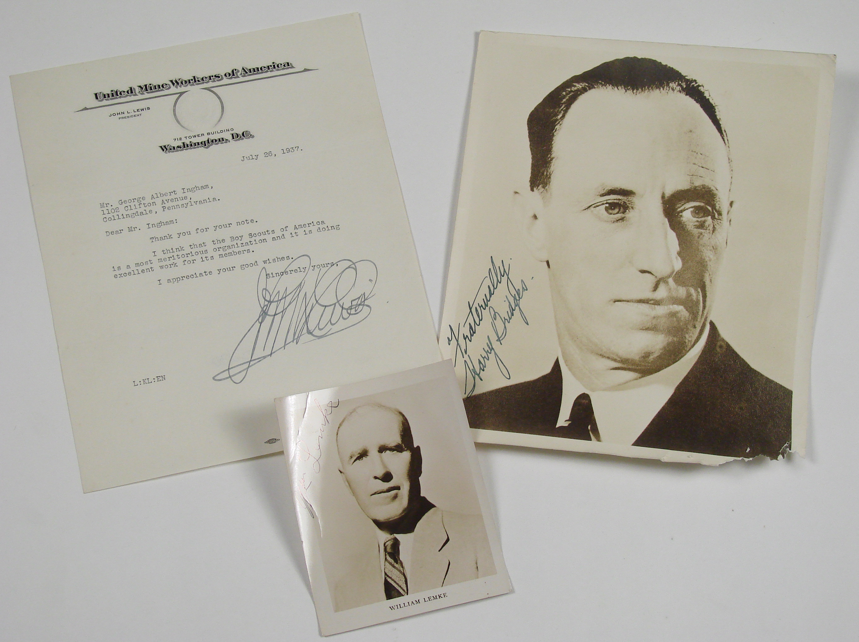 Appraisal: THREE LETTERS AND PHOTOGRAPHS OF LABOR ORGANIZATION LEADERS Small signed