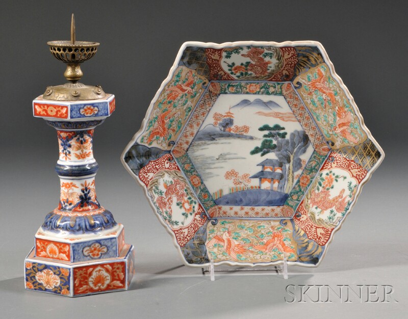 Appraisal: Imari-decorated Porcelain Bowl and Candlestick th century hexagonal the shallow