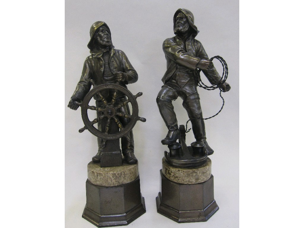 Appraisal: Pair of spelter figures of fishermen on marble bases