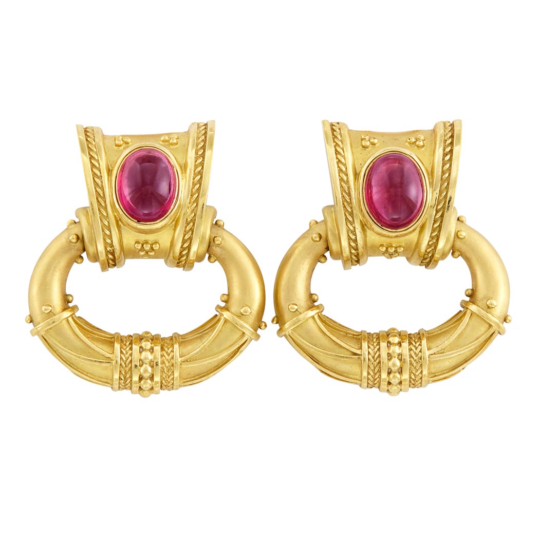 Appraisal: Pair of Gold and Cabochon Pink Tourmaline Pendant-Earclips Seiden Gang